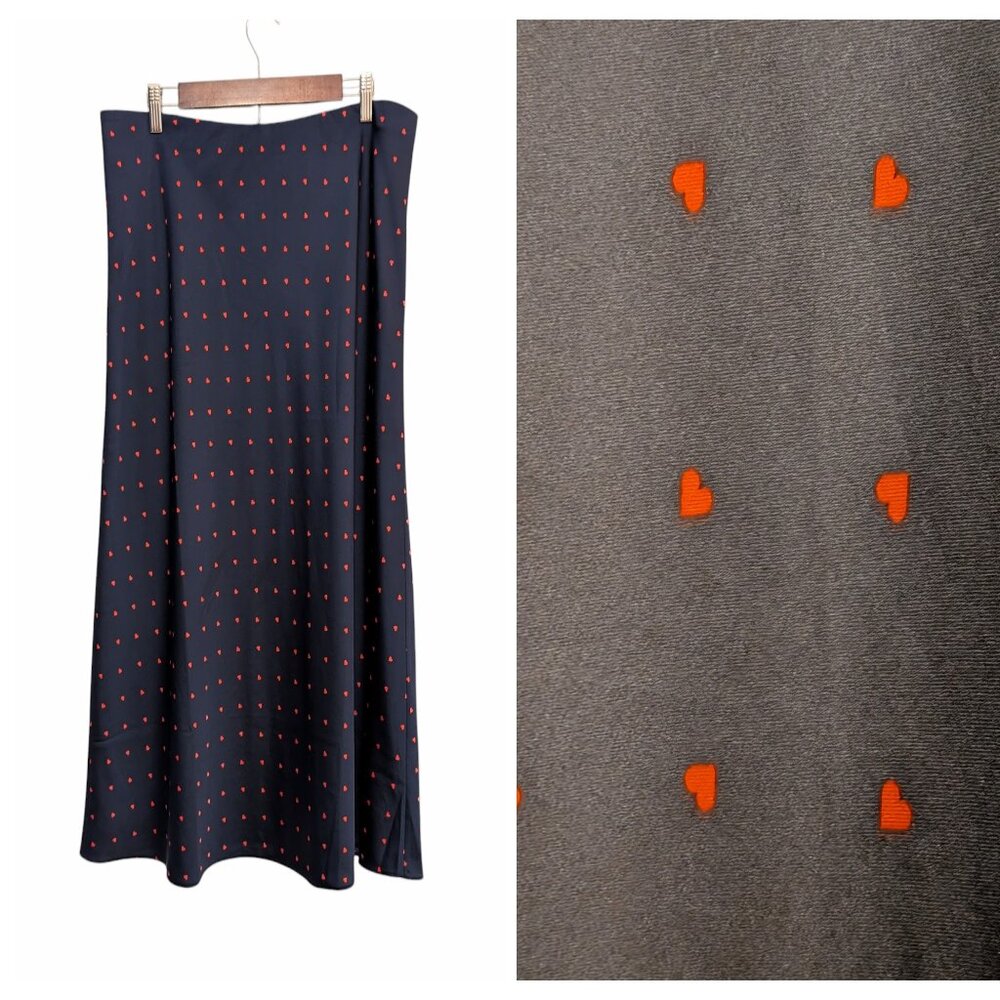 J Crew Womens Size XL Navy Blue Allover Tiny Red Hearts Elastic Waist Slip Skirt